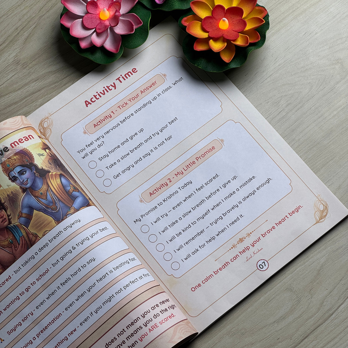 A real shloka and an Activity Time page after every lesson